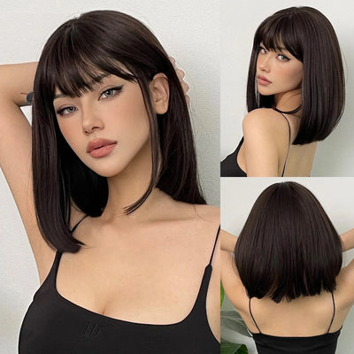 Short Black Brown Synthetic Natural Hair Wigs