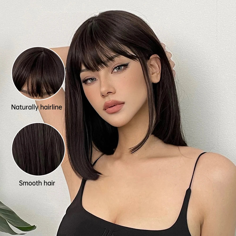 Short Black Brown Synthetic Natural Hair Wigs