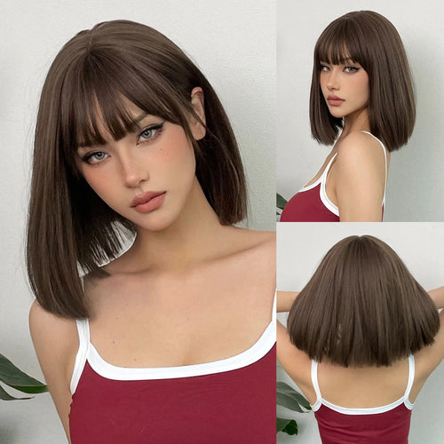 Short Black Brown Synthetic Natural Hair Wigs