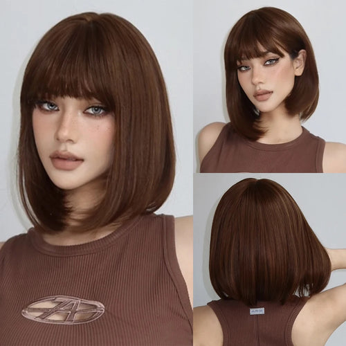 Short Black Brown Synthetic Natural Hair Wigs