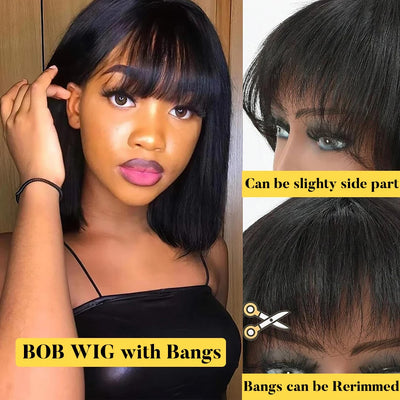 Short Bob Wig with Bangs Straight Human Hair