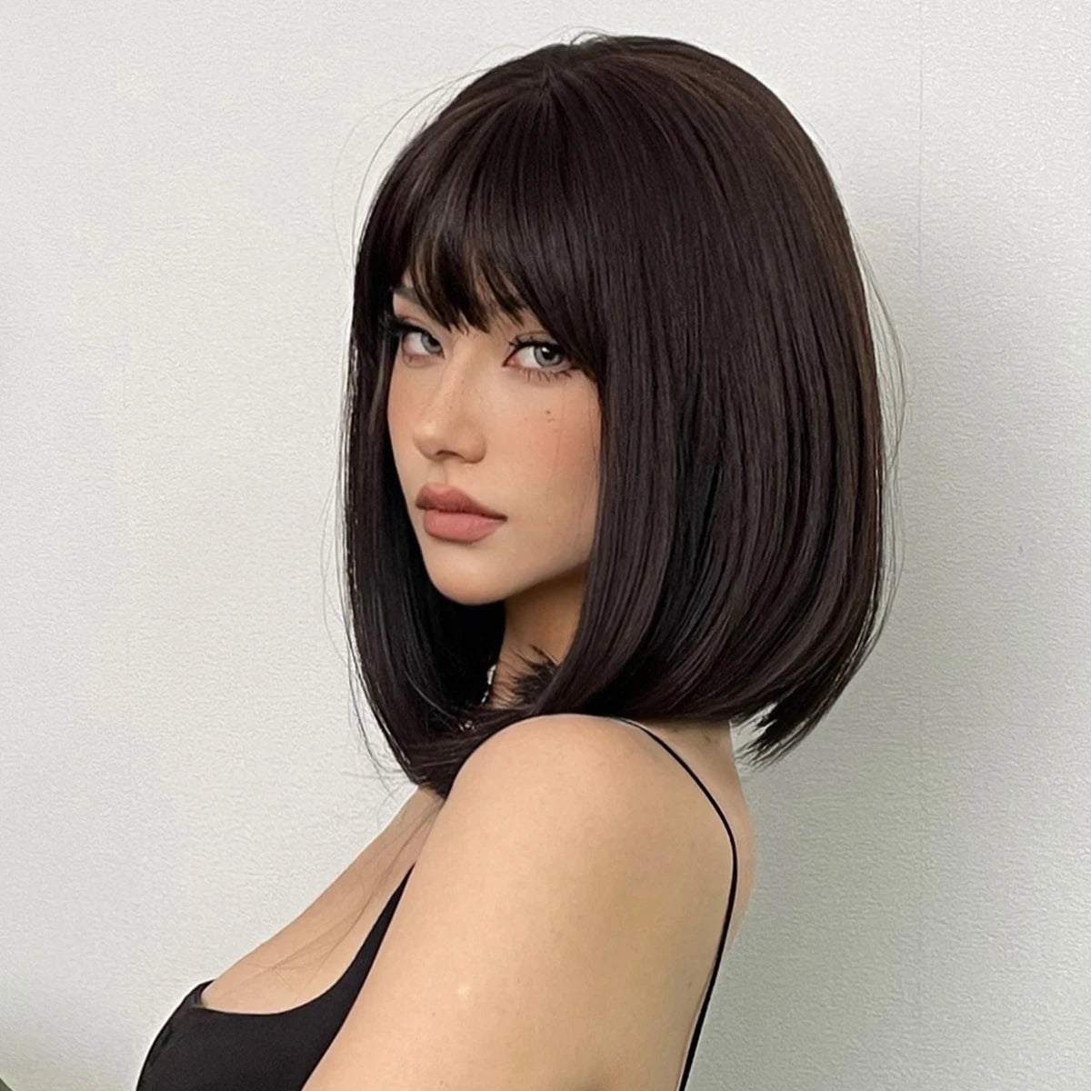 Short Black Brown Synthetic Natural Hair Wigs